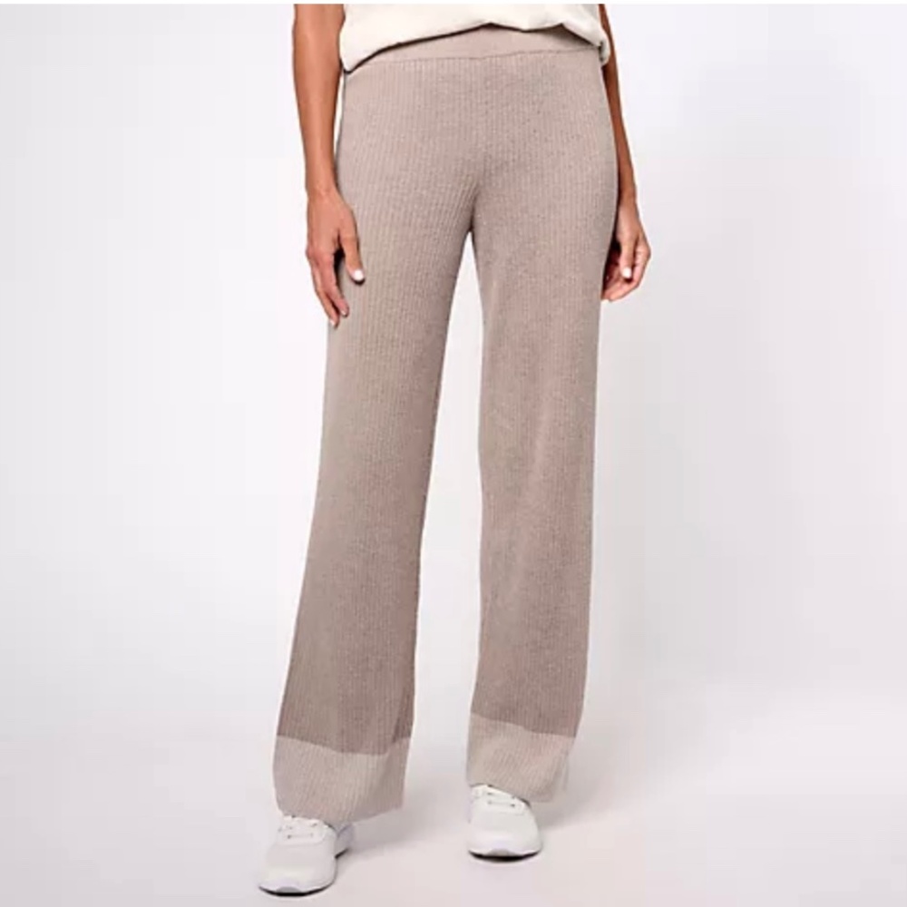 Barefoot Dreams CozyChic Ultra Lite Heather Stripe Rib Pant Beach Rock SZ 1X